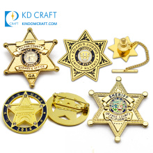 China wholesale 	 blank metal zinc alloy 3d star shaped engraved enamel gold plated personalized custom sheriff badge